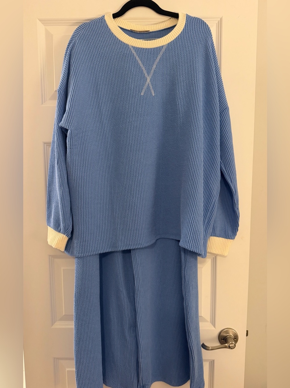 Zenana Outfitters Light Blue Two-Piece Pants Set Cream Trim Size Large